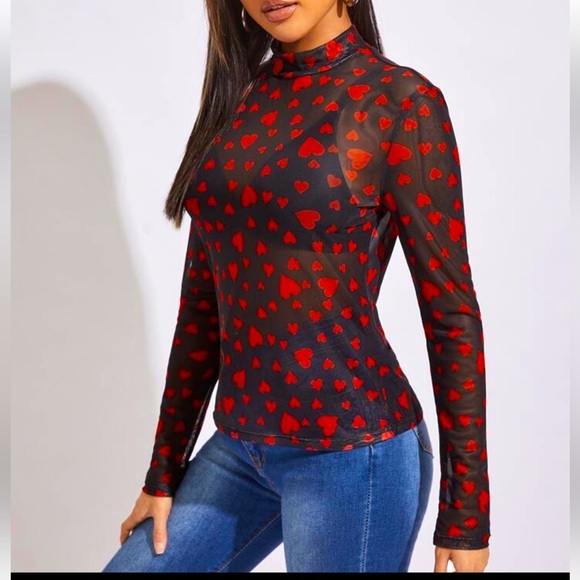 SHEIN Tops - SHEIN Top Black & Red Fitted Heart print  sheer Blouse long sleeve plus size 1X